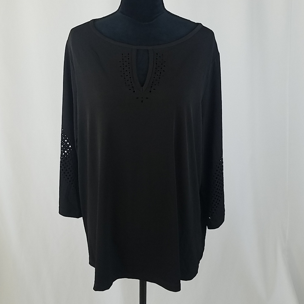 Susan Graver women plus size 2X liquid knit 3/4 sleeve top laser cut gothic